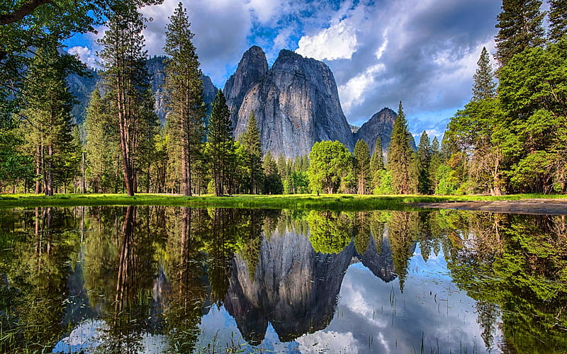 rocks, mountain landscape, mountain lake, forest, cloudy weather, USA, Yosemite, HD wallpaper