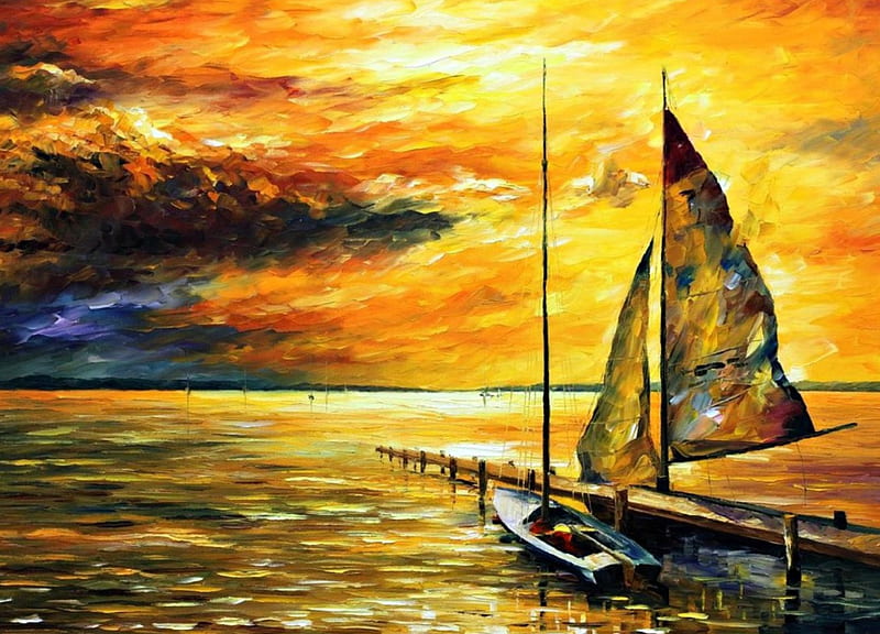 Sailing away, art, luminos, yellow, sunset, sea, water, painting, summer, leonid afremov, pictura, HD wallpaper