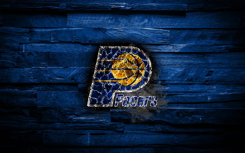 Indiana Pacers new logo, scorched logo, NBA, blue wooden background, american basketball team, Eastern Conference, grunge, basketball, Indiana Pacers new logo, fire texture, USA, HD wallpaper