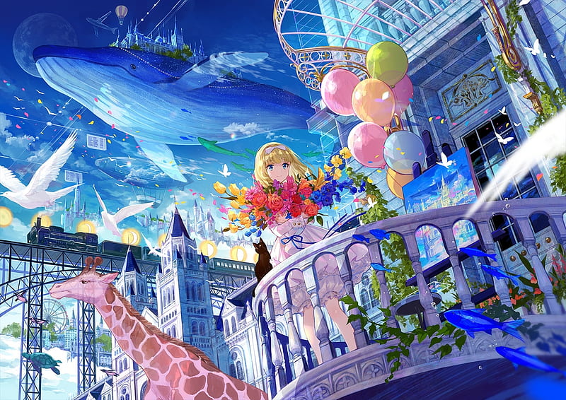 :), whale, girl, anime, manga, fuji choko, pink, blue, red, balloon, giraffe, HD wallpaper