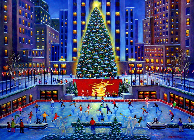 Christmas city, pretty, dusk, bonito, magic, eve, lights, city, people, painting, evening, night, art, rink, holiday, christmas, buildings, decoration, fun, joy, winter, tree, balls, snow, ice, scating, skating, HD wallpaper