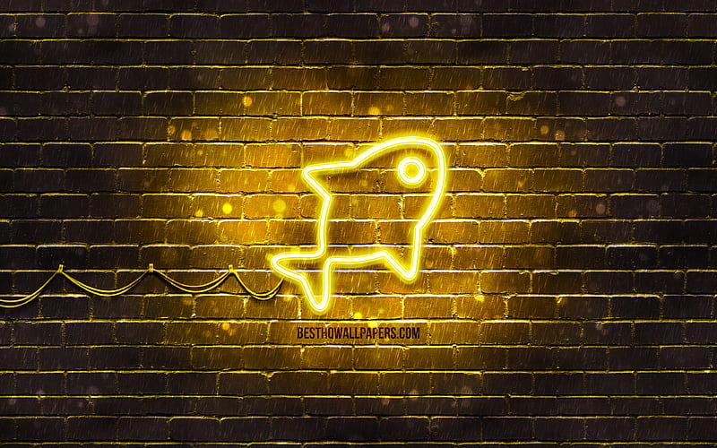 gold fish neon icon yellow background, neon symbols, gold fish, neon icons, gold fish sign, animals signs, gold fish icon, animals icons, HD wallpaper
