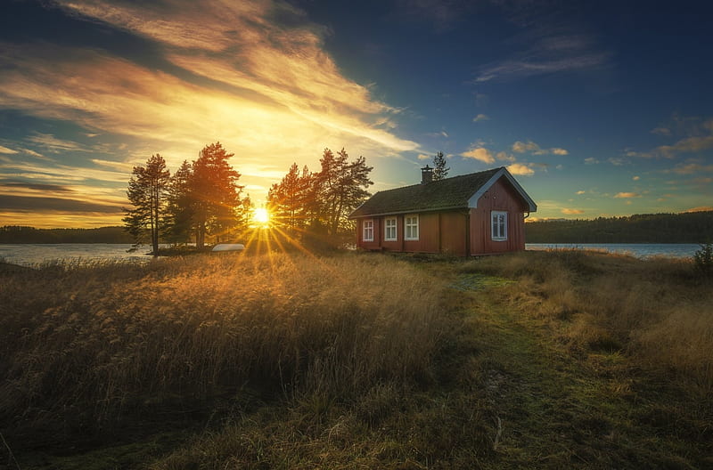 Sunset, house, clouds, lake, HD wallpaper Sunset, house, clouds, lake, HD wallpaper