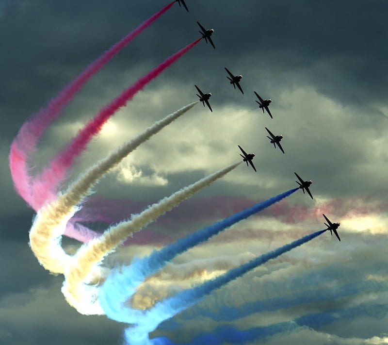 Airshow, aircraft, army, clouds, colors, dark, plane, show, sky, HD wallpaper