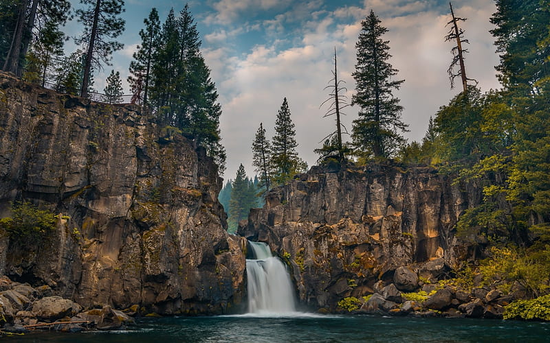 Upper McCloud Falls, mountains, waterfall, rock, forest, beautiful waterfall, USA, California, HD wallpaper
