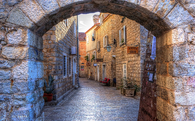 Old Budva, Montenegro, street, gate, houses, old, Budva, Montenegro, HD wallpaper