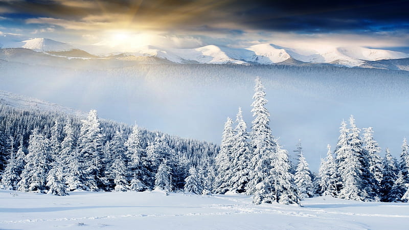 Winter Mountains, Sun, Rays, Snow, Mountains, Nature, Seasons, Lights 