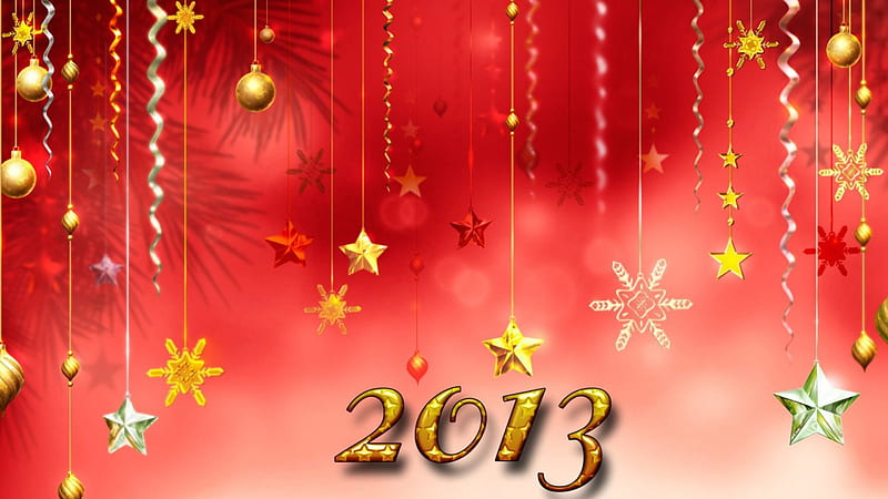 New Year 2 0 1 3, red, stars, feliz navidad, holidays, glow, christmas, shine, happy new year, gold, streamers, decorations, shadows, HD wallpaper