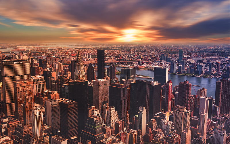 New York, sunset, panorama, modern buildings, NYC, USA, America, HD wallpaper