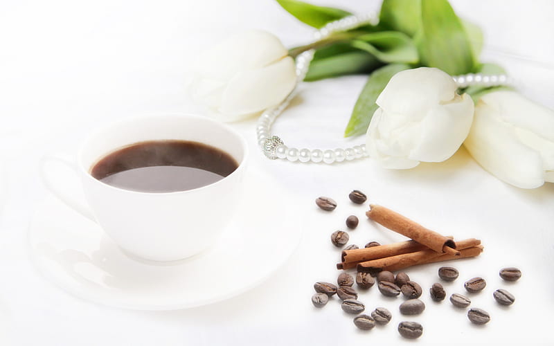 black coffee, coffee beans, coffee cup, white tulips, cinnamon sticks, HD wallpaper