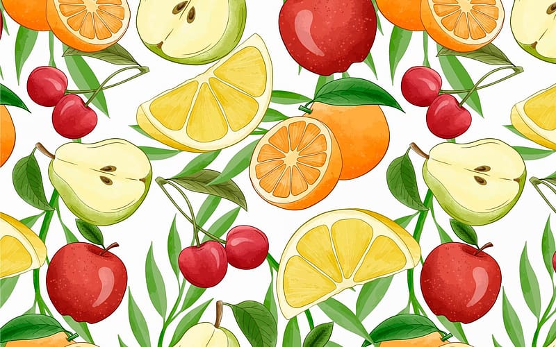 Pattern, white, orange, summer, pear, cherry, yellow, green, lemon, red, fruit, apple, tutti frutti, texture, leaf, vara, HD wallpaper