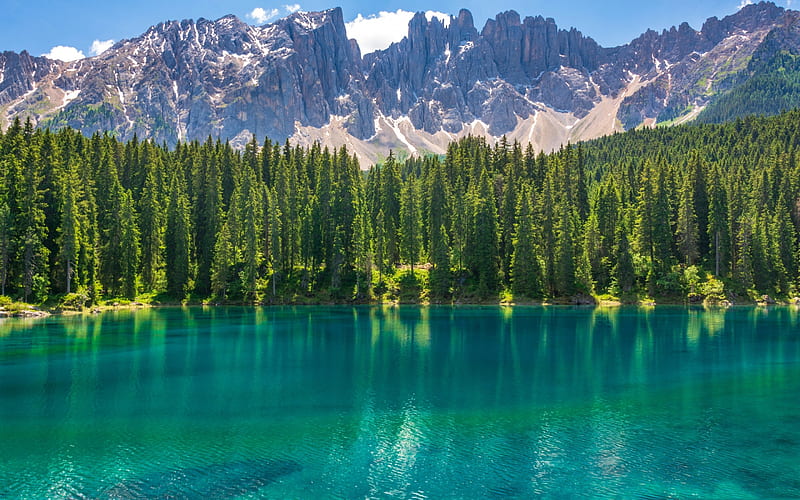 Lake Carezza, South Tyrol, Bolzano, mountain lake, mountain landscape, Dolomites, Italy, HD wallpaper
