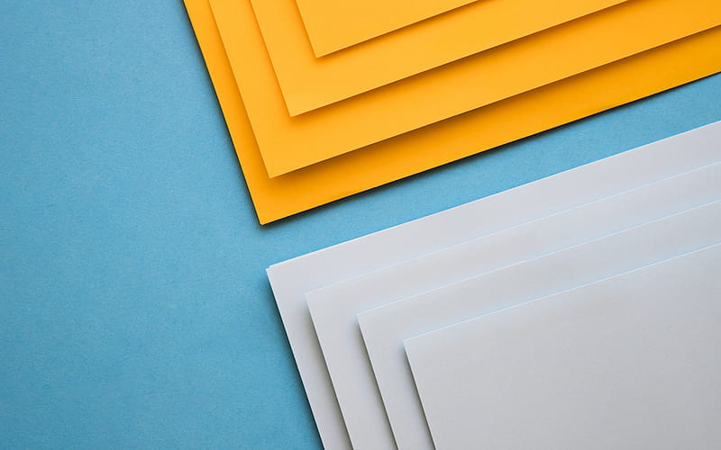yellow white abstraction, blue background, yellow paper, white paper, material design, HD wallpaper