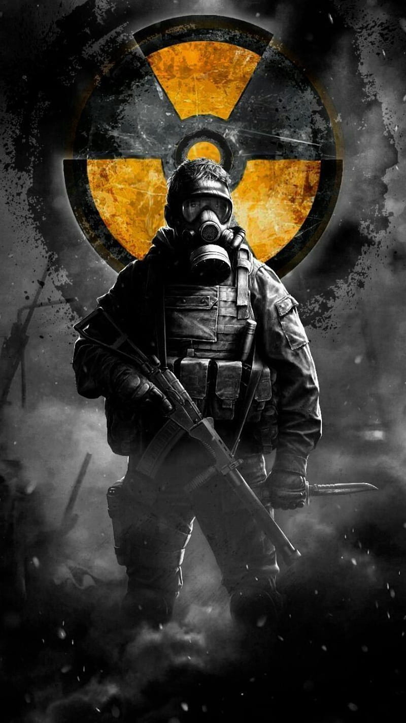 Danger, black and white, bw, gun, machine gun, sign, soldier, guerra, yellow, HD phone wallpaper