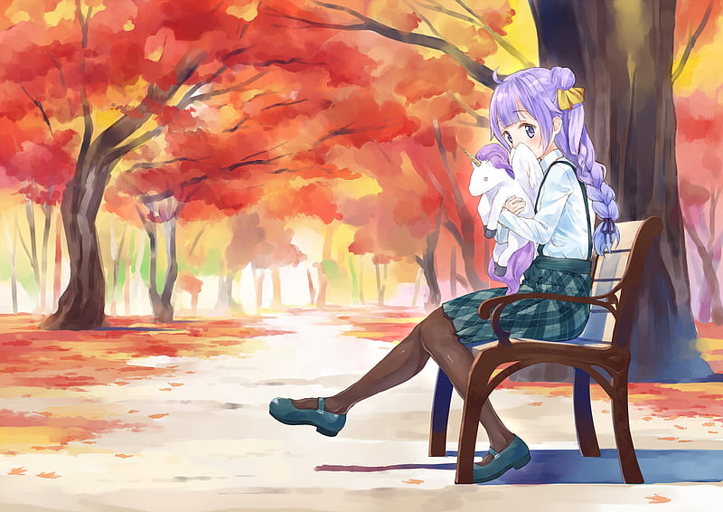 unicorn, azur lane, bench, autumn, park, scenic, trees, anime games, Anime, HD wallpaper