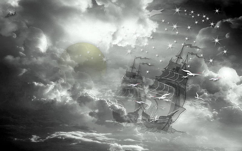 Ghost Ships, sea gulls, sea of clouds, stary night, HD wallpaper