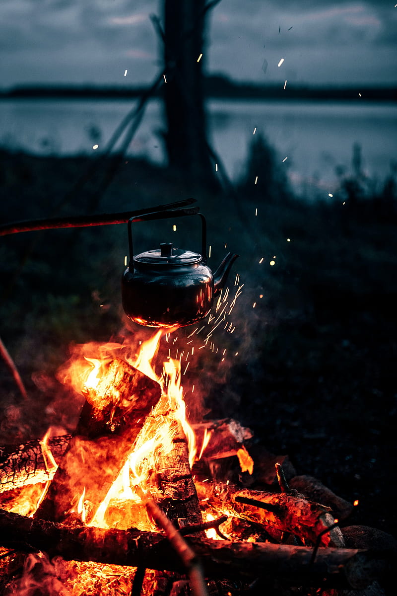 kettle, campfire, hiking, tourism, night, HD phone wallpaper