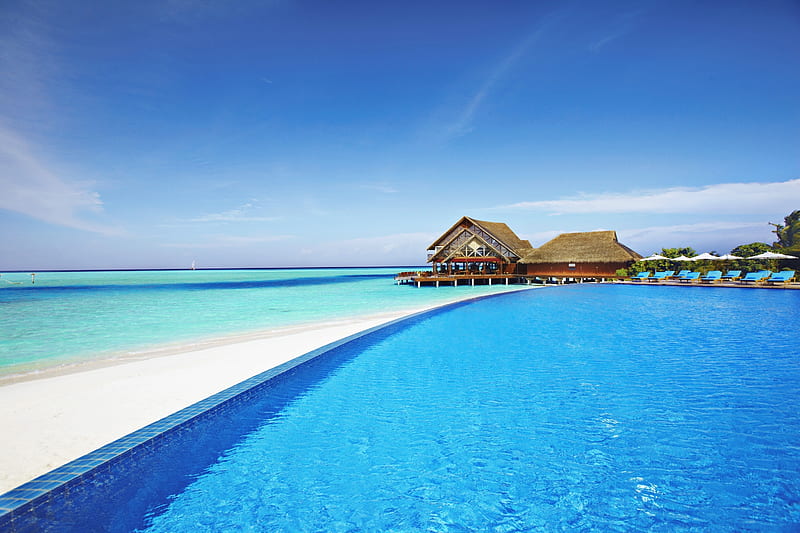 Seaside Resort, Travel, Blue sky, Resort, Swimming pool, Vacation, HD wallpaper