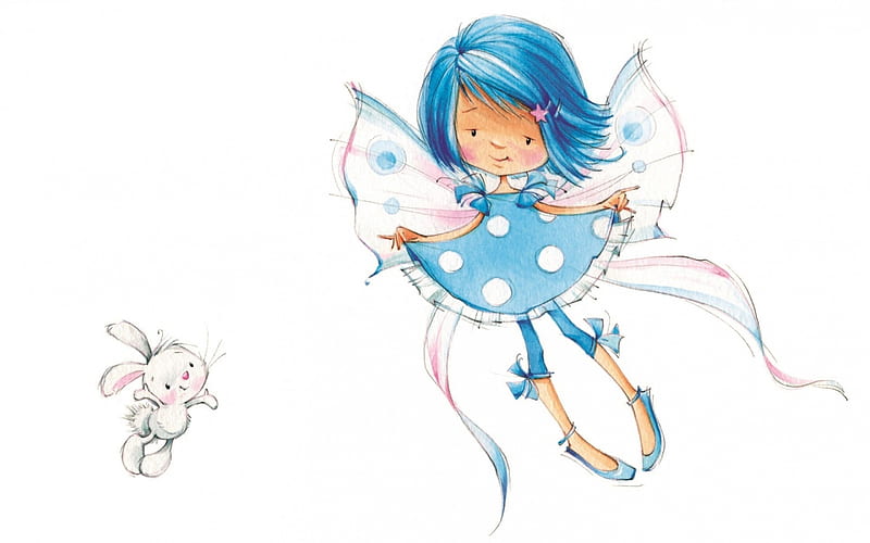 Fairy, rabbit, wings, marina fedotova, card, cute, girl, copil, bunny, child, white, HD wallpaper