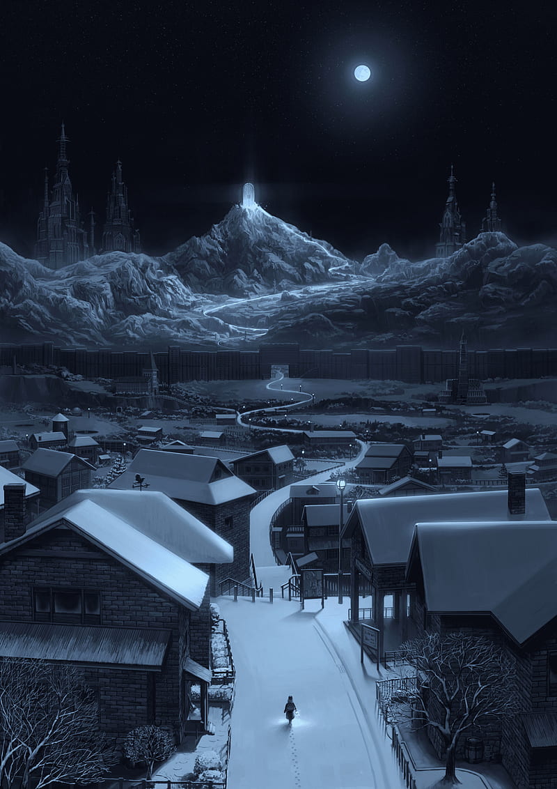 Snow Night, anime, eclipse, full moon, mountain, night, village, winter, HD phone wallpaper