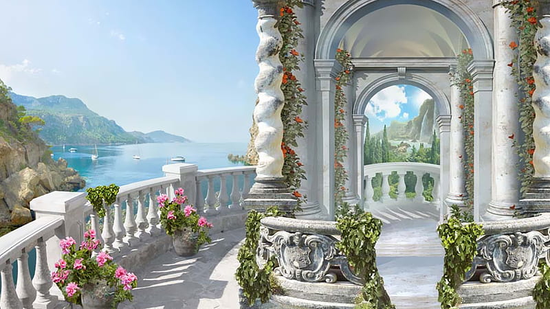 View From the Balcony, romantic, balcony, summer, spring, Firefox Persona theme, sea, sail, HD wallpaper