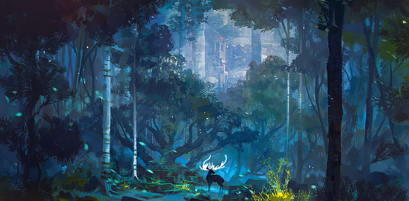 deer, horns, fantasy, castle, landscape, art, HD wallpaper