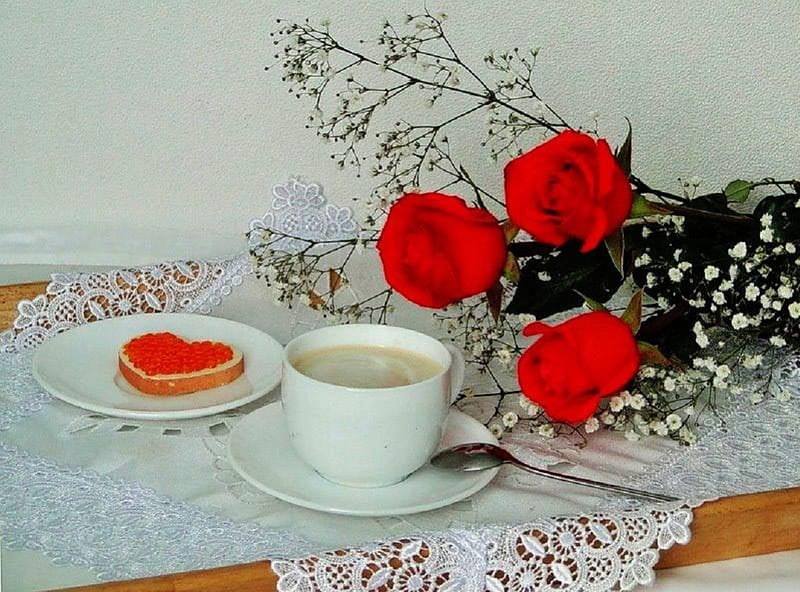 English Tea and Romance, place setting, romantic, heart, roses, tea, HD wallpaper