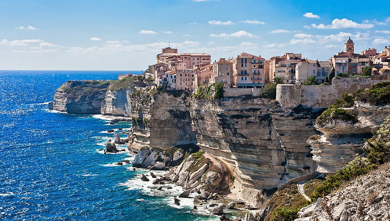corsica on the rocks, cost, cliffs, sea, town, HD wallpaper