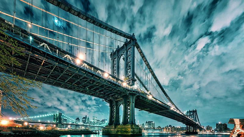 superb manhattan and brooklyn bridges r, city, bridges, river, r, lights, night, HD wallpaper