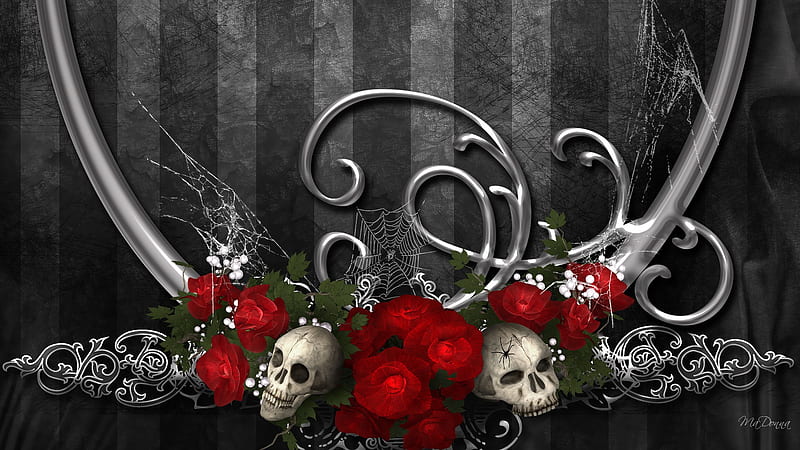Roses of Darkness, macabre, halloween, firefox persona, roses, horror, goth, black and red, fantasy, gothic, darkness, flowers, gruesome, skull, HD wallpaper
