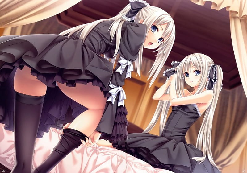 Just 2 of Us, pretty, dress, cg, bedroom, bonito, adorable, bed, sweet, double, nice, twin tail, anime, hot, beauty, anime girl, long hair, twins, female, lovely, twintail, ribbon, gown, black, twintails, sexy, twin tails, cute, kawaii, girl, silver hair, HD wallpaper
