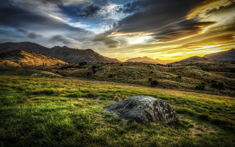 beautiful grassy hillsides at sunset r, rocks, grass, hulls, r, sunset, HD wallpaper