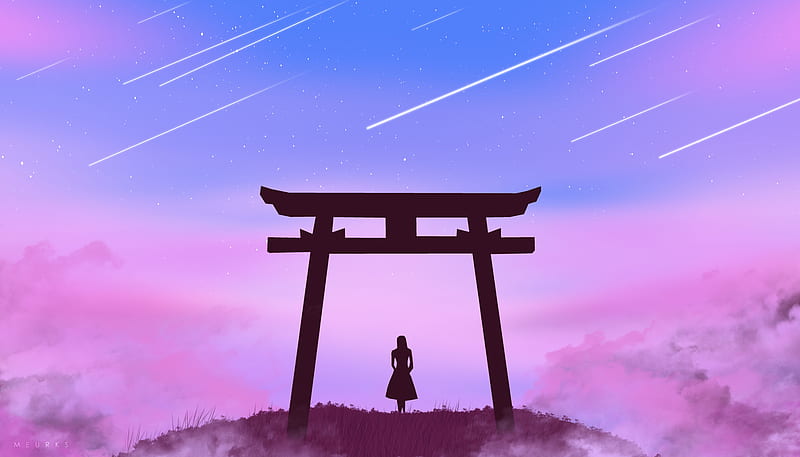 torii gate, girl, silhouette, clouds, stars, art, HD wallpaper