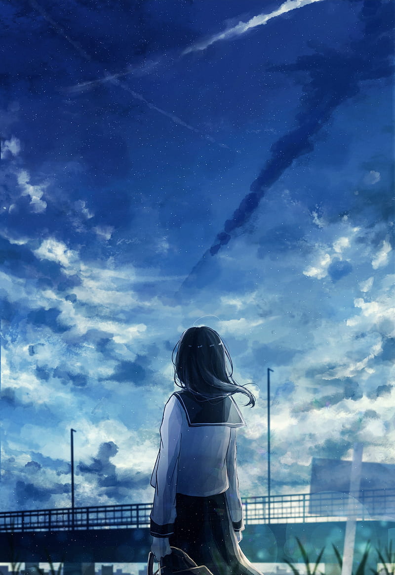 anime landscape, school girl, back view, clouds, Anime, HD phone wallpaper