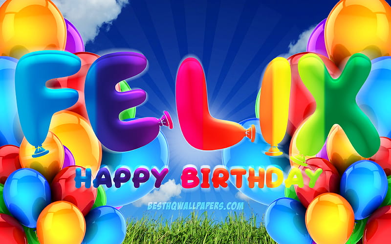 Felix Happy Birtay cloudy sky background, popular german female names, Birtay Party, colorful ballons, Felix name, Happy Birtay Felix, Birtay concept, Felix Birtay, Felix, HD wallpaper