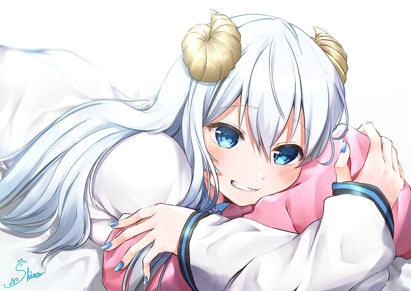anime girl, hugging, pillow, white hair, smiling, horns, Anime, HD wallpaper