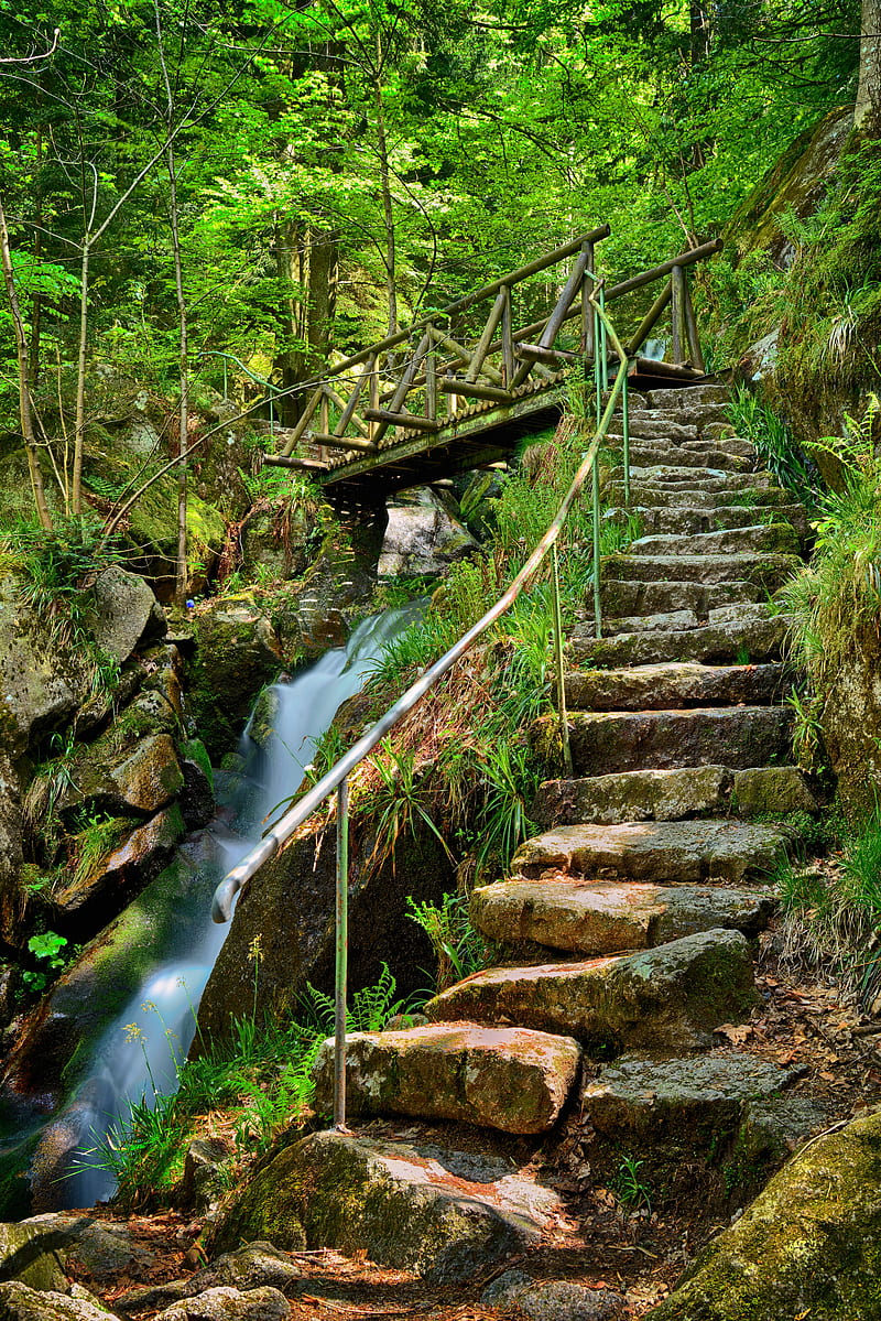 waterfall, steps, bridge, stairs, stones, HD phone wallpaper
