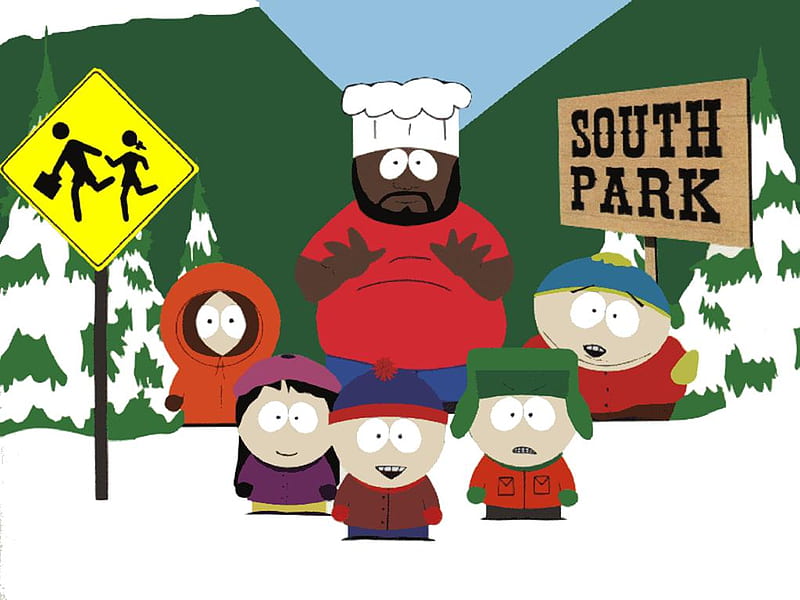 In the snow, chef, south park, mountains, cartoon, kenny, HD wallpaper