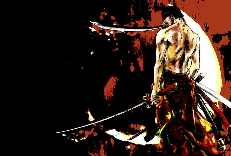 Zoro Roronoa, swords, male, one piece, weapons, zoro, black background, anime, lone, katana, roronoa zoro, HD wallpaper