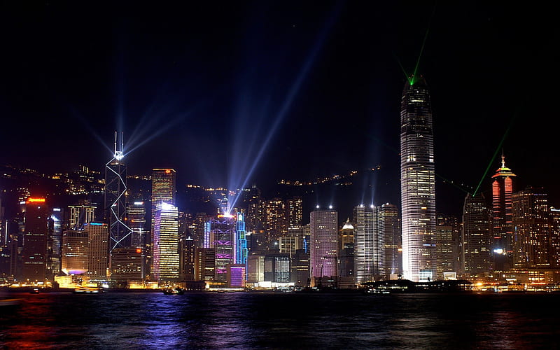 'Nightly Terrorizing Eyes in Hong Kong', architecture, tourists, Hong Kong, attractions in dreams, most ed, modern, graphy, cities, rivers, night, cityscape, love four seasons, creative pre-made, spotlight, travels, terrorizing eyes, reflections, HD wallpaper