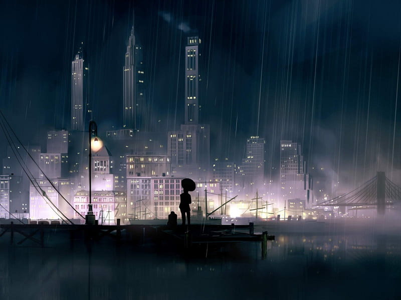 I'll be there for you, city, anime, dark, people, umbrella, rain, night, HD wallpaper