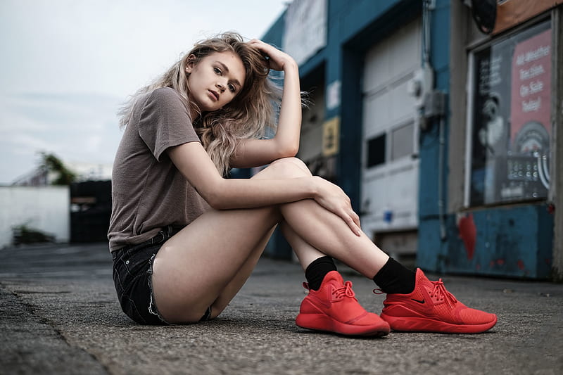 Girl Sitting Athletic Shoes , girls, model, HD wallpaper