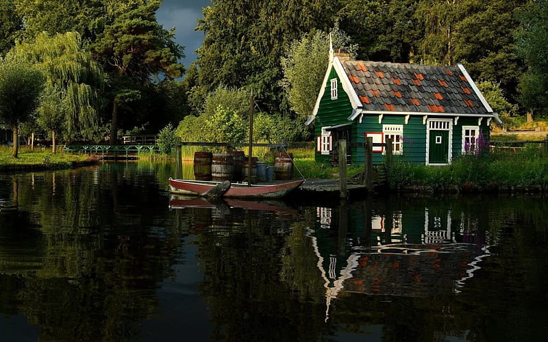Tranquility, forest, tranquil, boathouse, reflection, lake, HD wallpaper