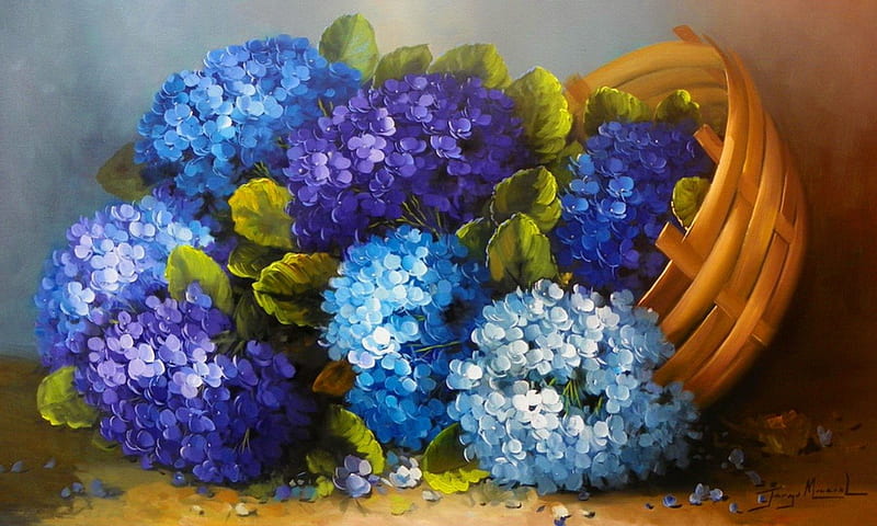 Basket with flowers, pretty, art, lovely, bonito, delicate, freshness, still life, nice, basket, bunch, painting, flowers, blue, harmony, HD wallpaper