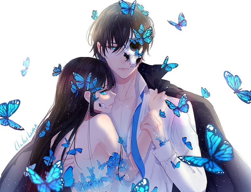 boy, butterfly, girl, lluluchwan, anime, manga, white, blue, couple, HD  wallpaper | Peakpx