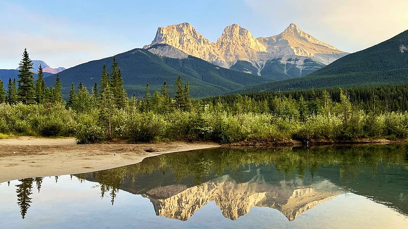 Three Sisters - Alberta, peaks, landscape, trees, canada, water, rocks, lake, reflections, HD wallpaper