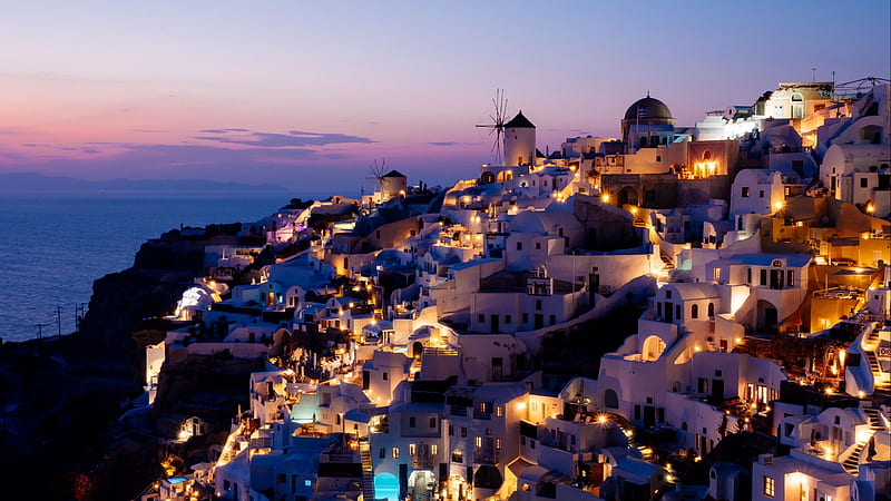 / city, resort, sunset, architecture, buildings, oia, greece,, Greece, HD wallpaper