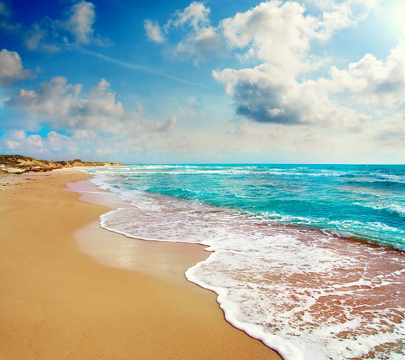 Seascape, beach, blue, coast, sand, sea, sky, HD wallpaper