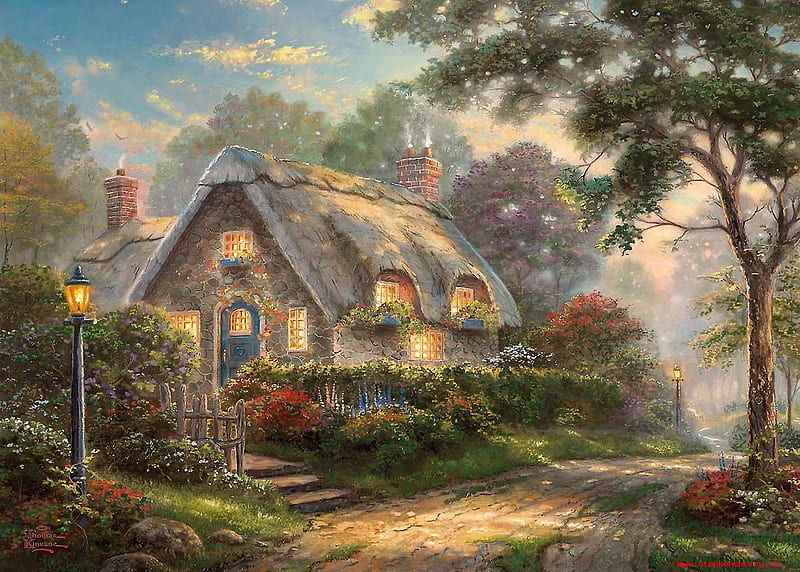 Lovelight Cottage, painting, art, pictura, thomas kinkade, cottage, HD wallpaper