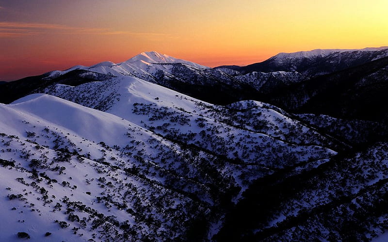 Mount-Feathertop, hills, mount, maintains, yellow, sunset, sky, clod, snow, nature, frozen, pink, HD wallpaper